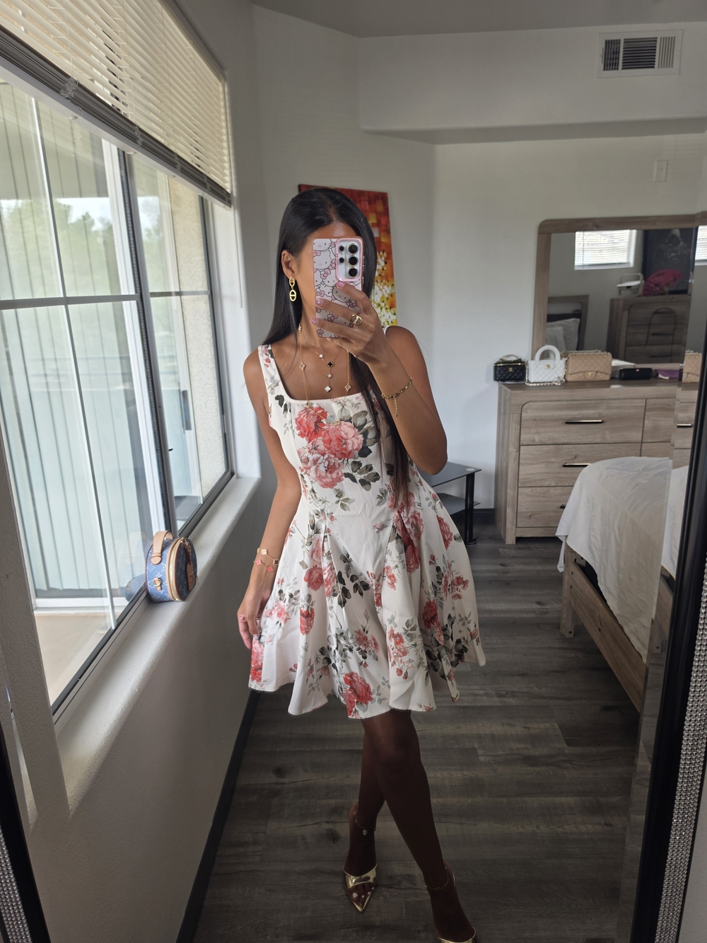 Floral Square-Neck White Sundress with Pink Rose Print